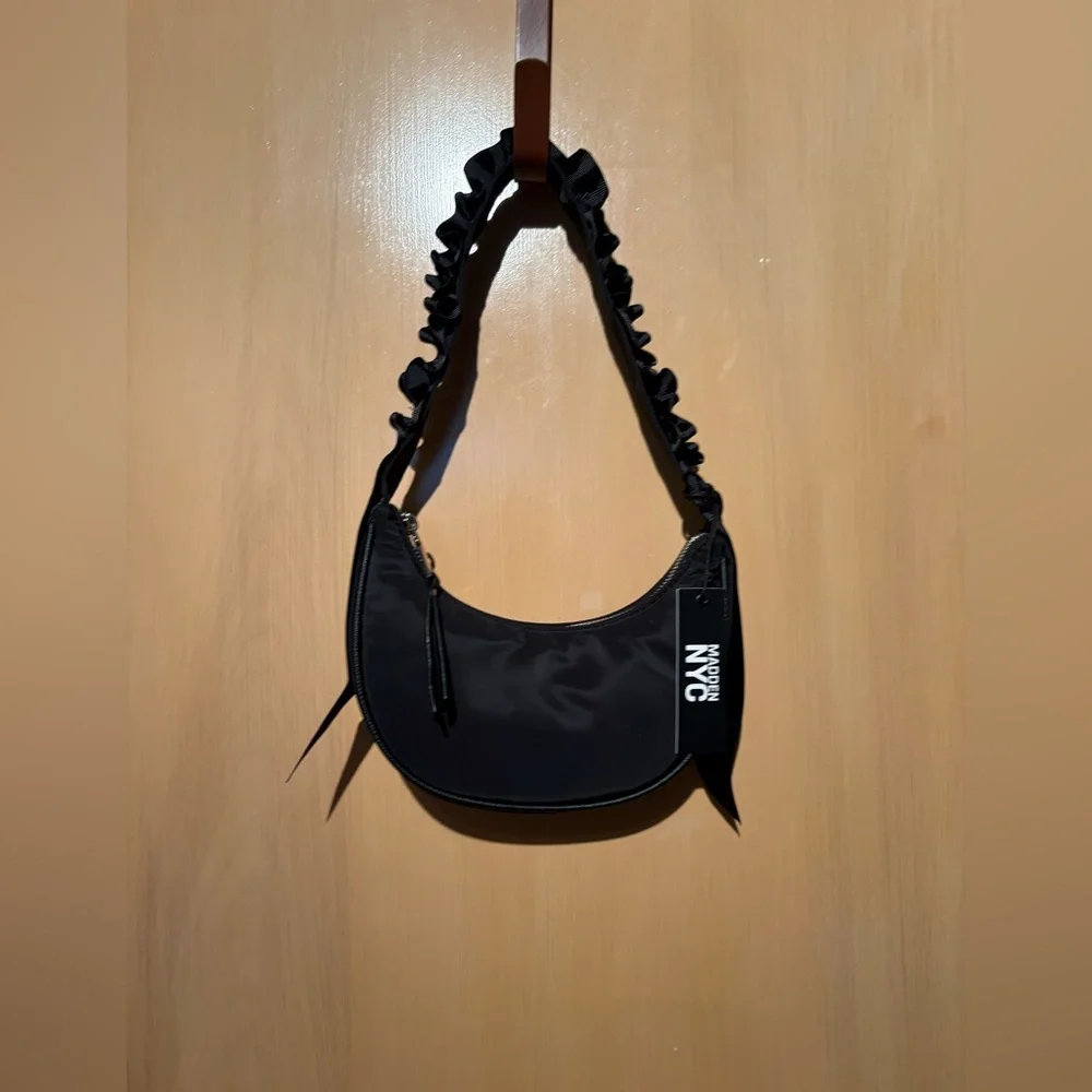 Madden NYC Women's Ruffled Ribbon Half Moon Nylon Handbag, Black NWT